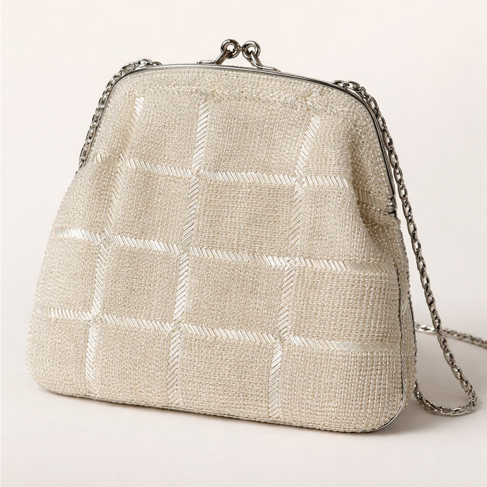 Vintage Beaded Evening Bag Ivory Clutch Purse Wedding Bridal Silver